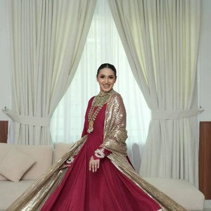 Robe Anarkali de soirée de mariage de créateur en faux géorgette avec broderie de sequins et dupatta en tulle doux brodé de sequins - Product Image 1