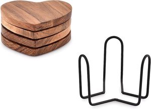 Juego de posavasos con forma de corazón de madera de acacia de 4 con soporte de hierro para decoración de mesa de centro regalo de inauguración de la casa nueva para el hogar Decoración de cocina - Product Image 4