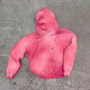 Custom Streetwear Mujeres Hombres 500 GSM Peso Pesado Oversized Blank Pink Acid Wash Vintage Ripped Hole Distressed Zip Up Hoodie - Product Image 4