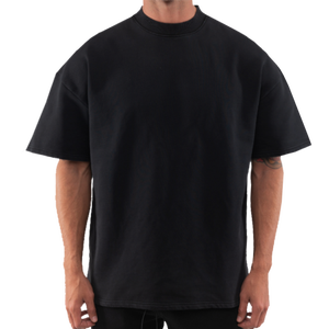 T-shirt en coton épais à col épais pour homme, blanc uni avec coupe ample noire, tricoté, vierge, en gros, en boîte - Product Image 6