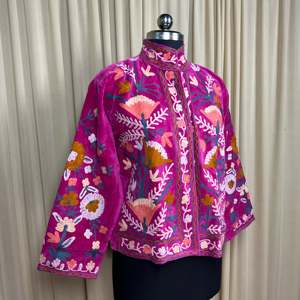 Boho Chic Retro Chic Open Front Coat Free Size Pink Floral Velvet Suzani <b>Jacket</b> with Hand Embroidered Logo Winter Wear Robe - Product Image 5
