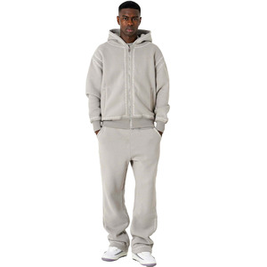 Zipper Casual Solid 100% Cotton Sweatsuit Trendy Style Customized Logo Printing Comfortable Breathable Hoodies <b>Sweatpants</b> <b>Set</b> - Product Image 1