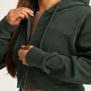 Sudadera con capucha y hombros caídos de lana personalizada para mujer, estilo Jersey ligero con mangas largas informales, cremallera, bolsillos laterales con cordón - Product Image 4