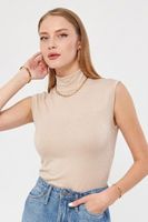 Venta al por mayor del fabricante: Top de punto de viscosa beige sin mangas con cuello simulado para mujer, ajuste regular, estilo casual básico.