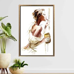 ผู้หญิงสง่างามกำลังทาลิปสติก ภาพพิมพ์บนผ้าใบ - ของตกแต่งแฟชั่น ภาพพิมพ์บนผ้าใบกรอบทอง - Product Image 1