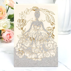 Rosa taglio Laser maniche cenerentola inviti ragazza rossa vestito per 15 oro Glitter Quinceanera invita Xv argento tasca personalizzata - Product Image 6