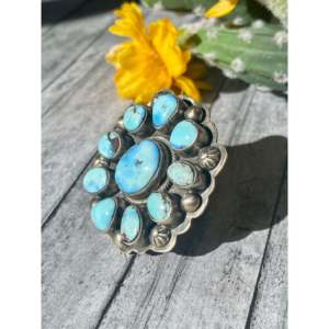Kathleen Chavez Golden Hill Dainty Cluster <b>Ring</b> Turquoise & <b>Sterling</b> <b>Silver</b> Bezel <b>Set</b> Smooth Cut Stone Size 8.75 Everyday Wear - Product Image 4