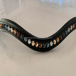 สายรัดคิ้วม้าหนังแท้สีดำอ่อนนุ่ม,ที่รองและเย็บเย็บพร้อมคริสตัลสีฟ้าบุษราคัมสีทองนุ่มนุ่ม - Product Image 4