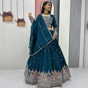 Lehenga choli ผ้า vichitra บริสุทธิ์ใหม่ชุดปาร์ตี้มีสไตล์สวมใส่กับเย็บปักถักร้อยและงานด้ายตามลำดับ - Product Image 1