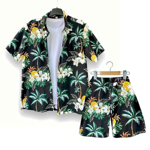 T-shirt d'été décontracté à motif de feuilles tropicales pour hommes, tissu tissé court pour les vacances à la plage et les sorties en famille - Product Image 5