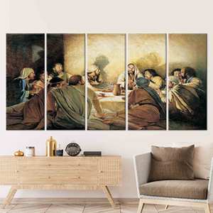 Elegante lienzo impreso de la Última Cena de Jesucristo, arte espiritual moderno, 5 piezas: estirado sobre lienzo - Product Image 1