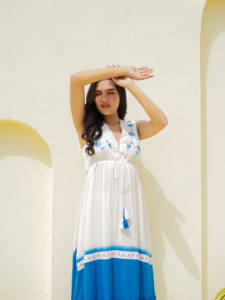 Bohemian Blue <b>White</b> Embroidered <b>Maxi</b> Dress V Neck Long Summer Outfit Lightweight Vacation Wear Bohemian Blue <b>White</b> Embro - Product Image 1
