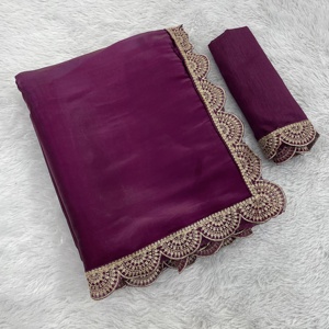 Sari de seda de satén pesado de diseñador con borde Hotfix Diamond Jarkhan para fiestas para hombres indios pakistaníes mujeres inspiradas en Holly - Product Image 6