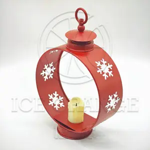 2024 Christmas Candle Holder Red Chimney Type Metal Candle Lantern with Snowflake Openwork for Christmas Decoration Supplies