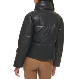 Chaqueta acolchada negra de longitud corta para mujer, resistente al agua, de piel sintética, cuello levantado, transpirable, relleno de algodón sólido - Product Image 3