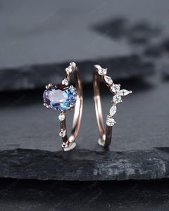 ชุดแหวนหมั้นรูปวงรีทรงรีสไตล์วินเทจทำจากเงิน925ชุดแหวนหมั้นโค้งสำหรับผู้หญิง - Product Image 6