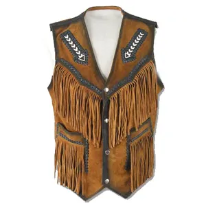 Klassieke Top Hoge Kwaliteit Wholesale Goedkope Custom Omzoomd & Kralen Cowboy Mannen Western Bruin Mannen Suede Lederen Vest