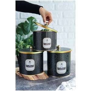 Juego de botes de hojalata de metal redondo Dia 175 mm ( 3 uds) patrón geométrico dorado fondo negro diseño de enrejado - Product Image 1