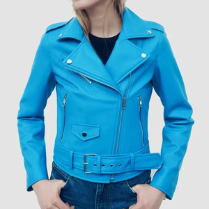 Women's Stylish Blue Genuine Lambskin Leather Moto <b>Biker</b> <b>Jacket</b> with Stand Collar Breathable & Waterproof With OEM - Product Image 4