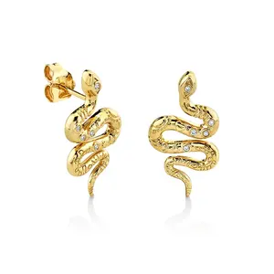 LOZRUNVE 925 Silver Gold Bohemian Bezel Diamond Snake Long Statement Stud Earring