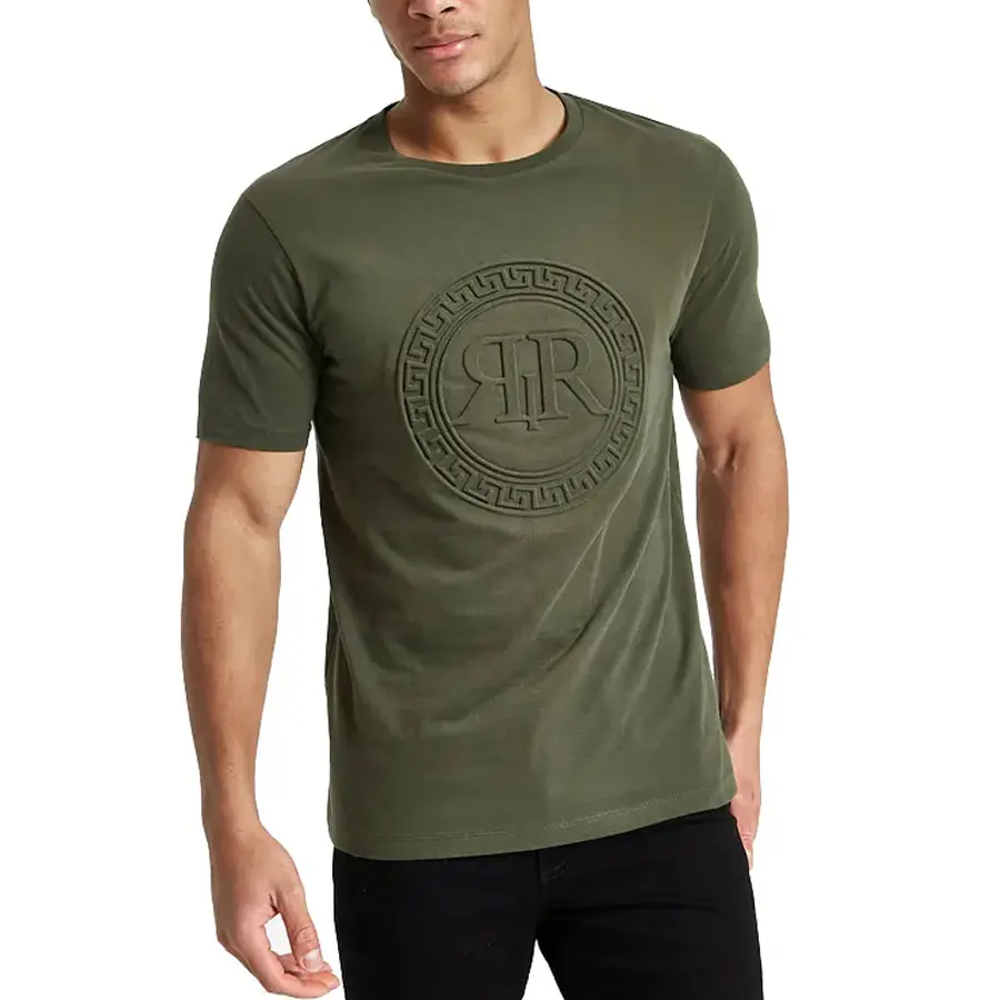 Camisa de logotipo em relevo para homens, venda por atacado, 100% algodão orgânico, cor verde azeitona, com gola redonda e mangas