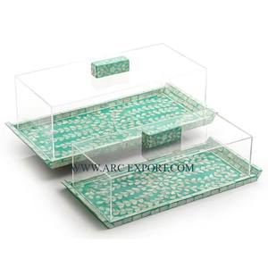 Vaisselle de table d'hôtel support à gâteau décoratif qualité supérieure nacre travail et bois forme carrée supports à gâteau avec couvercle en acrylique - Product Image 2