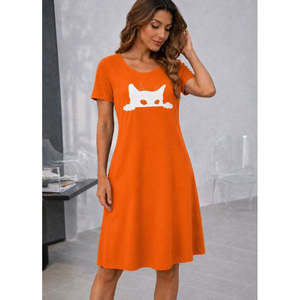 Robe courte en viscose à manches courtes et col rond pour femme, imprimé chat, 37498 - Orange - Product Image 4