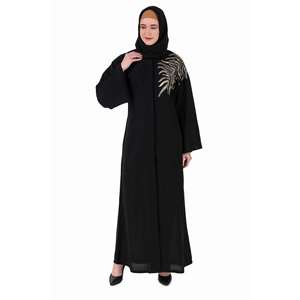 Abaya de Dubái Modesta con Bordado de Hojas Doradas, Diseño Abierto al Frente, Largo hasta el Suelo y Silueta Recta - Product Image 3