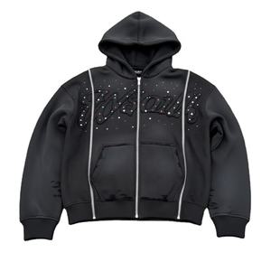 Broderie personnalisée de haute qualité ES, 500 GSM, 100% coton, tissu éponge français, strass, lavage à l'acide, fermeture éclair, effet vieilli, appliqué vintage - Product Image 1