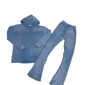 2025 pantalones acampanados lavados con ácido Unisex, sudaderas con capucha de lana de secado rápido, chándal con dobladillo crudo, logotipo impreso transpirable para hombres, conjuntos de invierno - Product Image 3