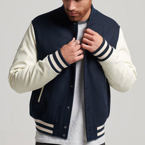 Veste de sport pour homme bleu marine avec manches crème, col montant, fermeture à boutons, vêtement décontracté pour l'automne - Product Image 2