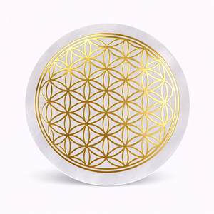 Placa de Carga de Selenita Pulida con Diseño de Flor Dorada, Cristal de Limpieza Energética, Sanación, Meditación, Equilibrio de Chakras, Decoración - Product Image 1