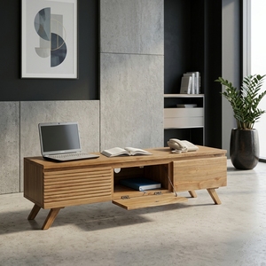 Meuble de salon en bois massif, buffet moderne du milieu du siècle avec portes à battants, console multimédia - Product Image 3