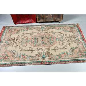 3.6x6.9 ft Rug, Turkish Vintage Rug, <b>Red</b> Green Ikat <b>Wool</b> Rug - Product Image 2