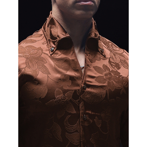 Mud Brown Floral Jacquard Cooper Collar Camisa de manga larga y resistente a las arrugas Estilo cocido ligero para Primavera/Verano - Product Image 1