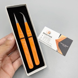 Best Selling Custom Logo Stainless Steel <b>Eyelash</b> Extension Tweezers Sustainable Eco-Friendly Orange Coated Pointed Tip - Product Image 4