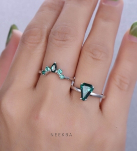 Ensemble de 2 bagues de mariage en or blanc massif 10 carats, de style Art déco, émeraude, bague de fiançailles associée à une couronne. - Product Image 6