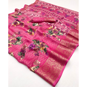 สารีไหมโดลาบริสุทธิ์พิมพ์ลายดอกไม้ในเฉดสีพาสเทล dola Silk สารีสีม่วงพร้อมการตกแต่ง zari หนัก - Product Image 5