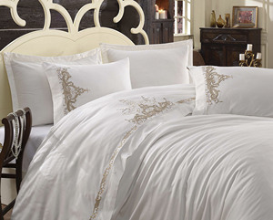 Personalizado al por mayor 100% algodón satén funda nórdica juego bordado Beige Floral para el hogar Hotel o boda-Premium juegos de cama - Product Image 3