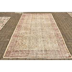 Vintage Rug, Large 5.5x8.7 ft Turkish Rug, <b>Brown</b> Beige Polka dot <b>Wool</b> Rug - Product Image 1