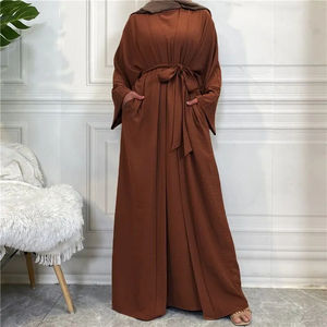 Islamic Traditional Clothing Women's Abaya Polyester Blended Cotton Made Ladies Long Sleeve Flared Abayas With Adjustable Belts - Product Image 4