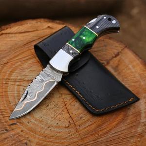 Cuchillo de bolsillo plegable hecho a mano de acero de Damasco hoja de cobre personalizable OEM regalo de aniversario personalizado regalo de padrino de boda de madera - Product Image 3