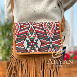 New Handmade Hot Sale Jacquard Suede Leather Fringe Sling Bag Multi Use New Vintage Design Crossbody Bag Cheap Rate Bulk Product - Product Image 1