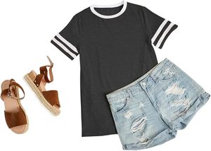 Camiseta de manga corta ecológica con cuello redondo para mujer, camisetas básicas de bloque de color para verano - Product Image 4