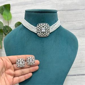 Stunning Best Quality Designer Silver Finish CZ Stones Look <b>Necklace</b> <b>Set</b> With <b>Earrings</b> Wedding Wear Collection for Women - Product Image 1