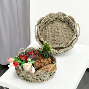 Plateaux ronds en bambou faits à la main du Vietnam plateau de service décoratif à motif géométrique écologique finition polie pour les Use-SR2024 d'hôtel - Product Image 2