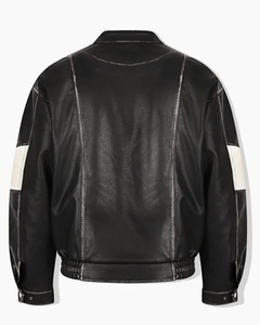 <b>Men's</b> Black PU Leather Bomber Jacket Moto Style Turn-down Collar Zipper Closure Regular Fit Autumn Wear - Product Image 4
