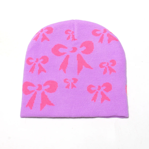 Venta al por mayor gótico Jacquard tejido Beanie Hat Nuevo estilo de moda Streetwear con logotipo personalizado y color Bowknot - Product Image 2
