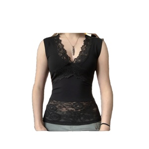 Débardeur court moulant noir pour femme, col en V, style européen et américain, en dentelle, respirant, écologique, élégant et décontracté - Product Image 2