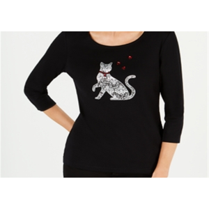 T-Shirt da Donna Karen Scott con Grafica Gatto, in Jersey di Cotone Traspirante, Abbigliamento Estivo, con Paillettes, Vestibilità Aderente, Taglie S-XL, Nero - Product Image 5